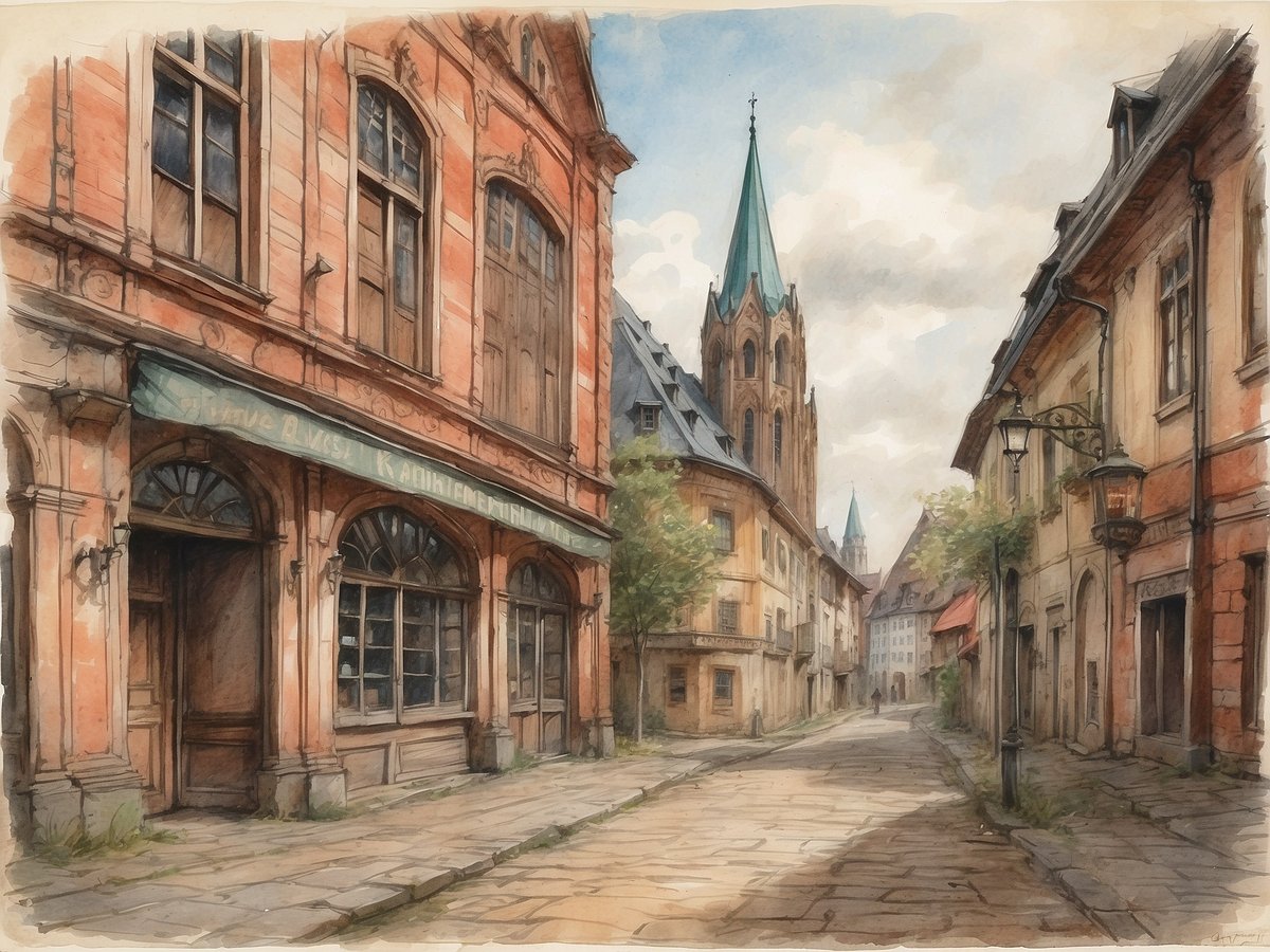 Eine ruhige, malerische Straße in einer historischen Stadt mit alten Gebäuden in sanften Farben. Auf der linken Seite ein nobles, rotes Gebäude mit großen Fenstern und einer grünen Beschilderung, die teilweise verblichen ist. Rechts stehen schmale Häuser mit unterschiedlichen Dächern und kleinen Fenstern. Im Hintergrund ragt ein hoher Turm mit spitzem, grünem Dach empor, der das Stadtbild prägt. Der Himmel ist leicht bewölkt, was eine sanfte Lichtstimmung erzeugt. Die Straße, gepflastert mit Natursteinen, ist von kleinen Bäumen gesäumt, die der Szenerie Leben verleihen.