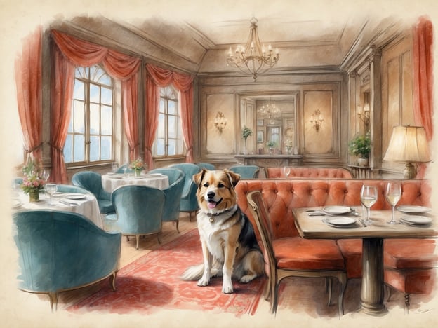 Auf dem Bild ist ein freundlicher Hund in einem eleganten Restaurant zu sehen. Die Atmosphäre ist stilvoll und einladend, mit schönen Tischen und geschmackvollen Möbeln. 

Für Hundefreunde gibt es viele hundefreundliche Unterkünfte und Restaurants, wo man mit seinem Vierbeiner willkommen ist. In solchen Orten sind oft spezielle Menüs für Hunde verfügbar und es gibt gemütliche Plätze, wo Hund und Halter zusammen entspannen können. Schauen Sie sich solche Optionen in Ihrer Nähe an, um eine angenehme Zeit mit Ihrem Hund zu verbringen!