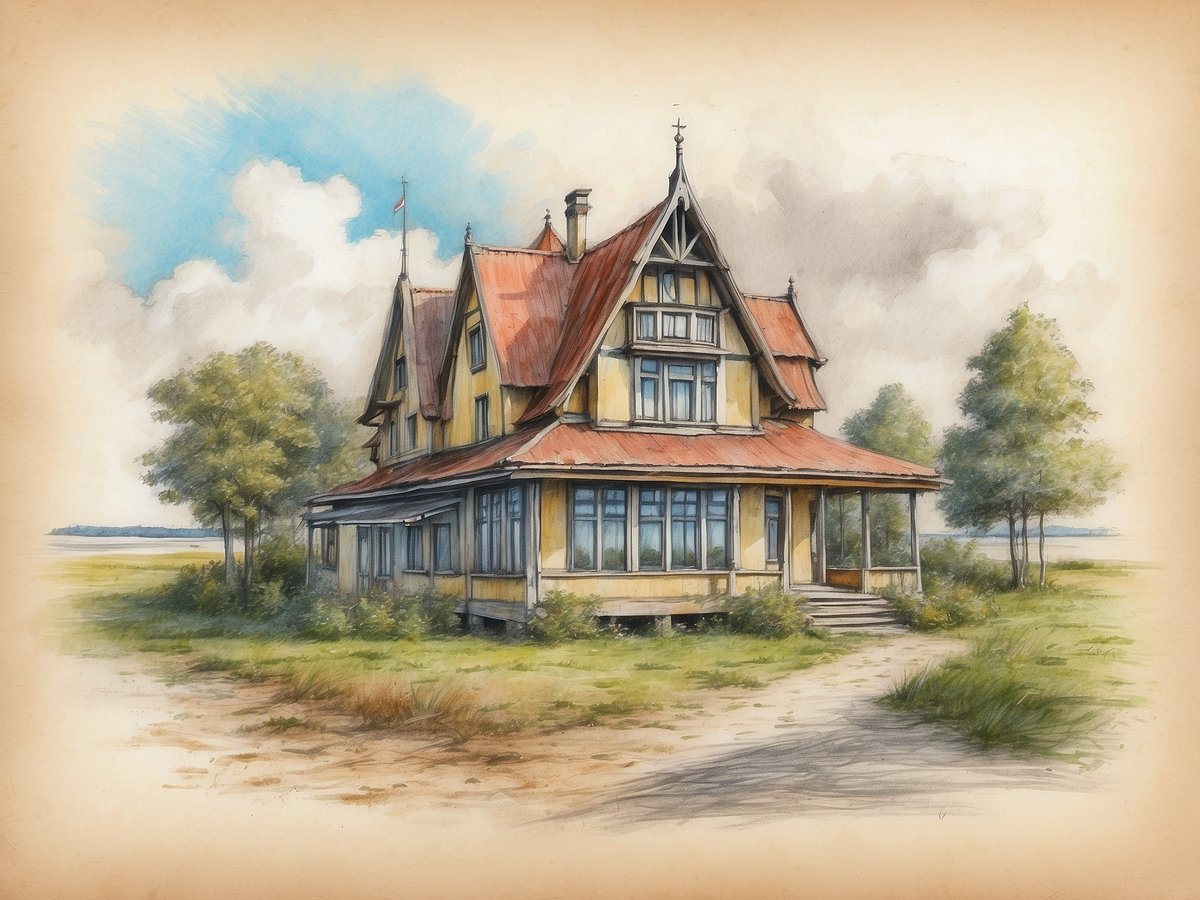 Ein malerisches, verlassenes Haus im Norddeutschen Stil mit einem rot gedeckten Satteldach und einem großzügigen verglasten Eingangsbereich. Der Außenanstrich ist gelblich und weist Verwitterungsspuren auf. Umgeben von sanften Wiesen und einigen Bäumen, die dem Bild eine idyllische, aber zugleich melancholische Atmosphäre verleihen. Im Hintergrund sind teilweise Wolken am Himmel zu sehen, die dem Ort eine ruhige Stimmung verleihen. Der Weg vor dem Haus ist unbefestigt und führt in die Ferne, was die Einsamkeit und die geheimnisvolle Aura des Ortes unterstreicht. Dieses Motiv eignet sich perfekt für Entdeckungsreisen auf Usedom, insbesondere um Lost Places zu erkunden.