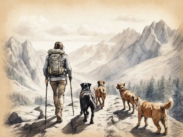 Auf dem Bild ist eine Person zu sehen, die mit mehreren Hunden in den Bergen wandert. Die Aktivität, die hier gezeigt wird, ist das Wandern, bei dem die Person einen Rucksack trägt und mit Wanderstöcken unterwegs ist. Die Hunde scheinen viel Spaß zu haben und folgen der Person auf dem Weg. Es ist eine schöne Darstellung von Mensch und Tier, die gemeinsam die Natur erkunden.