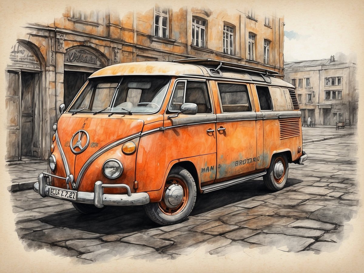 Ein orangefarbener VW-Bus steht auf einem alten Pflasterweg in einer verlassenen Stadt. Im Hintergrund sind teilweise verfallene Gebäude mit großen Fenstern zu sehen. Die Straße ist ruhig und vermittelt eine melancholische Stimmung. Hinweise auf die Vergänglichkeit und den Charme vergangener Zeiten sind deutlich sichtbar. Solche Orte, die oft in der Natur oder in urbanen Gebieten zu finden sind, können durch Online-Recherchen, soziale Medien, oder durch das Erkunden weniger frequentierter Gegenden entdeckt werden.
