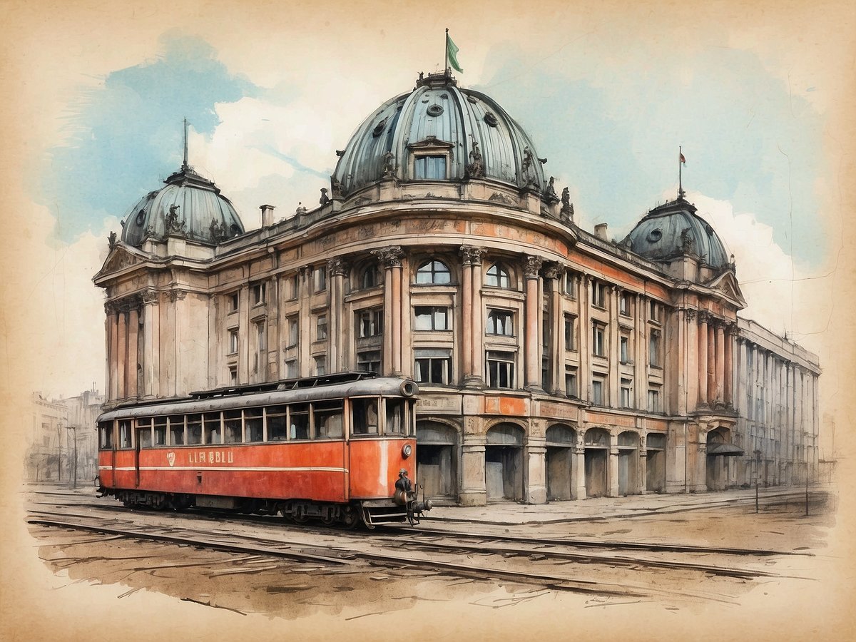 Auf dem Bild ist ein historisches Gebäude mit markanten Kuppeln und Säulen zu sehen. Vor dem Gebäude steht eine rote Straßenbahn, die auf Schienen parkt. Die Architektur des Gebäudes zeigt elegante Details, während der Hintergrund eine verschwommene städtische Landschaft mit weiteren Gebäuden hat. Das Bild vermittelt eine nostalgische Atmosphäre, die typisch für Lost Places ist, also für verlassene oder ungenutzte Orte, die oft eine Geschichte erzählen und vergangene Zeiten widerspiegeln.