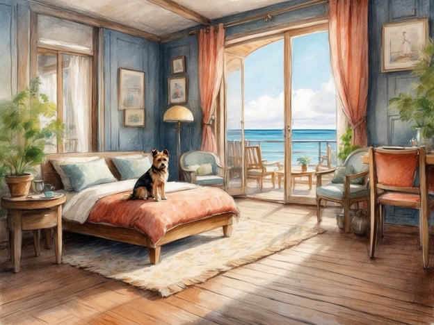 Auf dem Bild ist ein hell und freundlich eingerichtetes Zimmer mit Blick aufs Meer zu sehen. Im Mittelpunkt befindet sich ein Hund, der auf dem Bett sitzt. Diese Art von Unterkunft könnte ideal für einen Urlaub mit Hund auf Rügen sein.

Einige der besten Unterkünfte für einen Urlaub mit Hund auf Rügen sind:

1. **Hotels mit hundefreundlichen Zimmern**: Viele Hotels auf Rügen bieten spezielle Zimmer für Gäste mit Hunden und oft auch Hundepakete an.
  
2. **Ferienwohnungen**: Es gibt zahlreiche Ferienwohnungen, die sich perfekt für einen Aufenthalt mit Hund eignen, oft mit Zugang zu einem eigenen Garten.

3. **Pensionen**: Einige familiäre Pensionen sind auf Hunde eingestellt und bieten spezielle Services wie Hundeauslauf oder Hunde-Freundliche Wanderungen.

4. **Campingplätze**: Beliebt sind auch hundefreundliche Campingplätze in der Nähe des Strandes, wo Hunde willkommen sind.

5. **Landhäuser oder Hofübernachtungen**: Diese bieten oft viel Platz und Natur, ideal für einen aktiven Aufenthalt mit Hund.

Egal für welche Unterkunft Sie sich entscheiden, Rügen bietet viele Möglichkeiten, um mit Ihrem Hund einen schönen Urlaub zu verbringen!