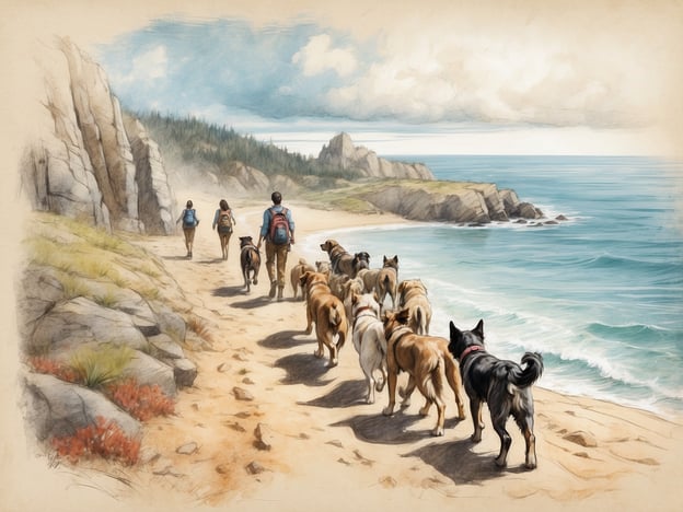 Auf dem Bild sind mehrere Menschen zu sehen, die mit einer Gruppe von Hunden an einem Küstenweg entlang spazieren. Die Umgebung zeigt eine malerische Küstenlandschaft mit Felsen und dem Meer im Hintergrund. Die Aktivität umfasst das Wandern und Erkunden der Natur, während die Hunde vermutlich Freude daran haben, sich zu bewegen und die Gerüche der Umgebung zu erkunden. Die Menschen und Hunde scheinen eine angenehme Zeit in der frischen Luft zu genießen.