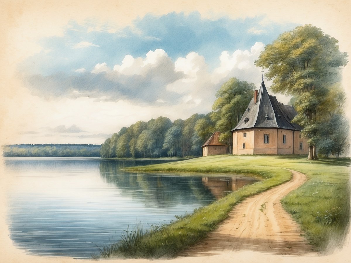 Eine malerische Landschaft in Brandenburg zeigt ein ruhiges Gewässer, umgeben von üppigen Bäumen. Auf der rechten Seite steht ein charmantes, helles Gebäude mit einem spitzen Dach, während ein kleinerer Anbau in der Nähe sichtbar ist. Ein schmaler Weg führt am Ufer entlang und lädt zum Spaziergang ein. Der Himmel ist sanft bewölkt und spiegelt sich harmonisch im Wasser.