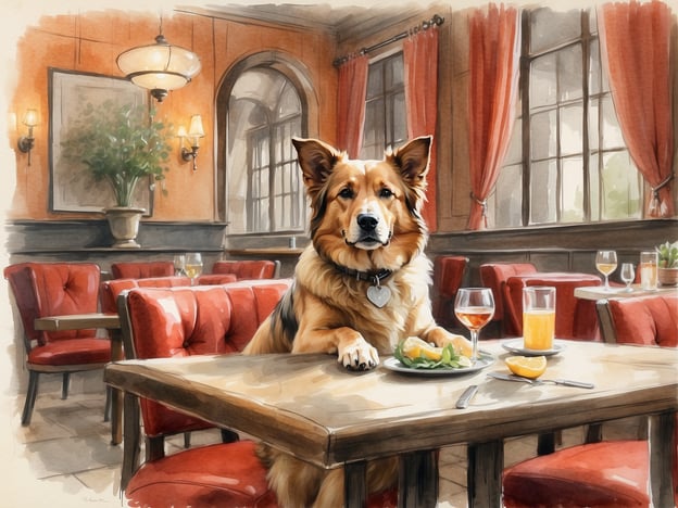 Auf dem Bild ist ein Hund in einem gemütlichen Restaurant zu sehen. Der Hund sitzt an einem Tisch und hat ein kleines Gericht vor sich. Die Einrichtung des Restaurants ist stilvoll, mit roten Stühlen und warmem Licht. 

Für Hundefreunde, die ähnliche Orte suchen, wären hundefreundliche Unterkünfte wie Boutique-Hotels mit speziellen Angeboten für Gäste mit Hunden ideal. Zudem gibt es viele Restaurants, die Hunde willkommen heißen, oft mit speziellen Menüs für Vierbeiner. Orte, die eine entspannte Atmosphäre und schattige Außenbereiche bieten, sind besonders beliebt.