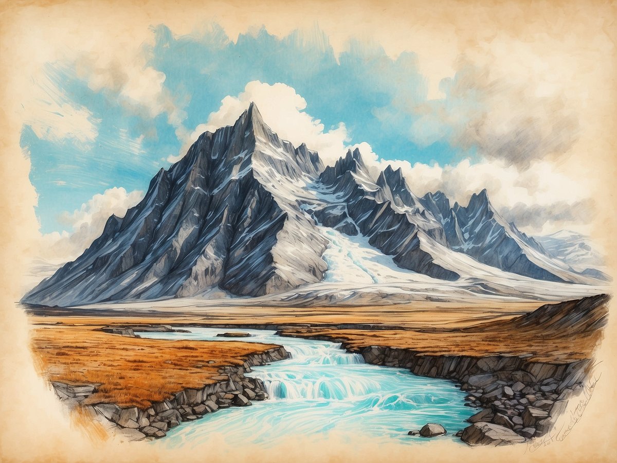 Eine beeindruckende Landschaft mit einem majestätischen Gebirgszug, dessen Gipfel schneebedeckt ist. Im Vordergrund fließt ein klarer, türkisfarbener Fluss durch eine malerische Ebene, die von trockenem Gras und vereinzelten Steinen geprägt ist. Der Himmel ist hellblau mit vereinzelten weißen Wolken, die der Szene eine friedliche Atmosphäre verleihen. Diese Darstellung erinnert an die Schönheit der größten Vulkane in Island, die von beeindruckenden Landschaften und außergewöhnlichen Naturphänomenen umgeben sind.