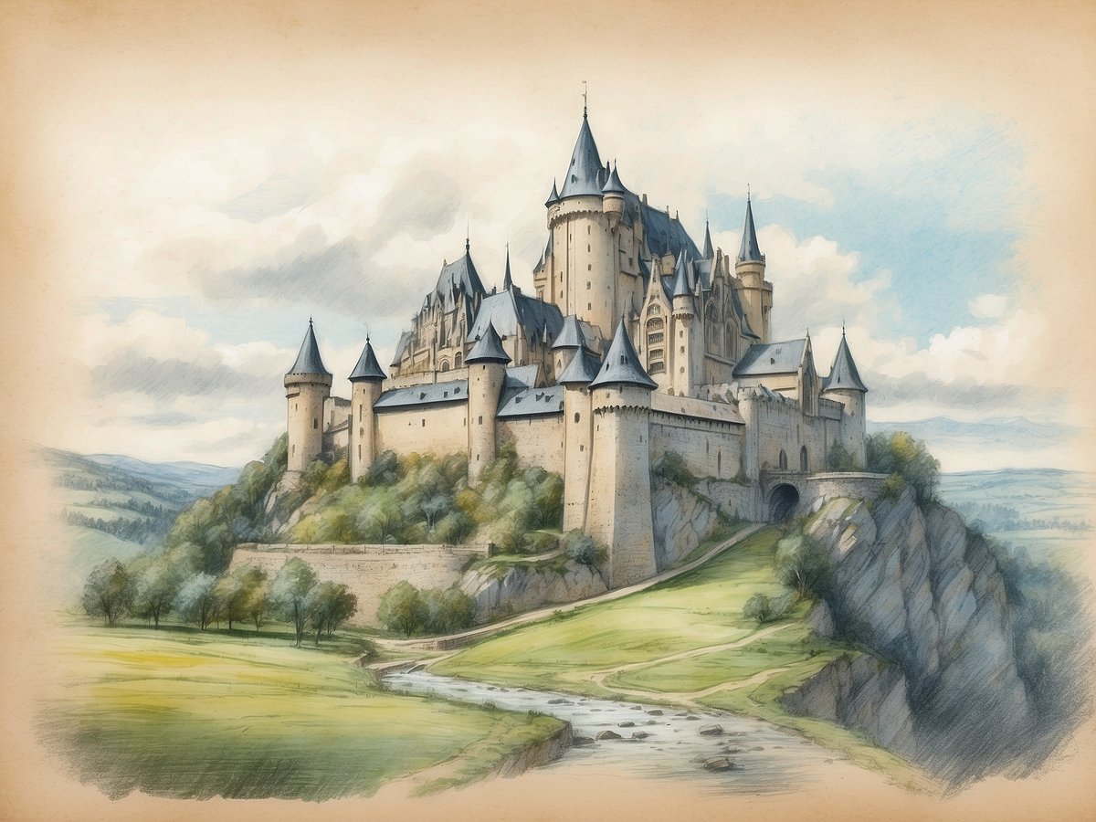 Eine majestätische mittelalterliche Burg thront auf einem Hügel, umgeben von sanften grünen Wiesen und Bäumen. Die Burg hat viele Türme mit spitzen Dächern und eine auffällige Architektur, die reich an Details ist. Im Vordergrund fließt ein kleiner Bach, der durch die Landschaft mäandert. Der Himmel ist teilweise bewölkt, was der Szenerie eine malerische Atmosphäre verleiht.