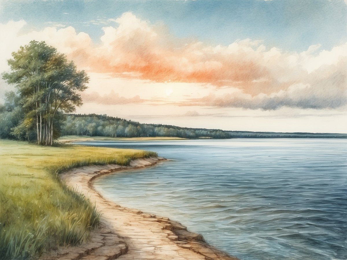 Eine malerische Landschaft in Mecklenburg-Vorpommern zeigt einen ruhigen Gewässerbereich mit sanften Wellen. Am Ufer wachsen mehrere große Bäume, während eine sanft geschwungene Kiesel- und Grasfläche den Blick auf den See eröffnet. Im Hintergrund erstreckt sich ein bewaldeter Hügel, und der Himmel ist mit sanften Pastellfarben gefärbt, die auf einen Sonnenuntergang hindeuten. Die gesamte Szene strahlt Ruhe und natürliche Schönheit aus.