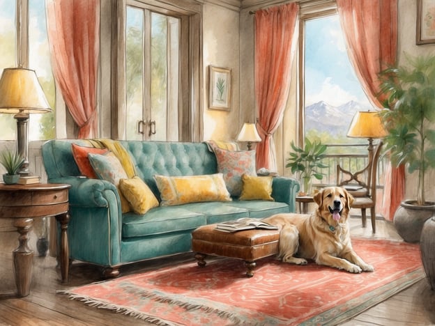 Auf dem Bild ist ein gemütliches Wohnzimmer zu sehen, in dem ein golden retriever Hund liegt. Die Einrichtung besteht aus einem türkisfarbenen Sofa, einem Teppich und großen Fenstern, die viel Licht hereinlassen und einen schönen Ausblick auf Berge und Natur bieten.

Wenn du mit deinem Hund Urlaub machen möchtest, sind hier einige der besten Unterkünfte für Urlaub mit Hund:

1. **Feriendörfer** - Viele Feriendörfer bieten spezielle Hundewohnungen und viele Auslaufmöglichkeiten.
2. **Ferienhäuser** - In einem eigenen Ferienhaus hast du genug Platz und kannst die Umgebung mit deinem Hund erkunden.
3. **Haustierfreundliche Hotels** - Es gibt viele Hotels, die auf Hunde eingestellt sind und oft sogar spezielle Dienstleistungen anbieten.
4. **Campingplätze** - Ideal für Abenteuerlustige, viele Campingplätze erlauben Hunde und bieten viel Platz zum Spielen.

Denke daran, vor der Buchung immer die spezifischen Richtlinien zur Mitnahme von Haustieren zu prüfen!