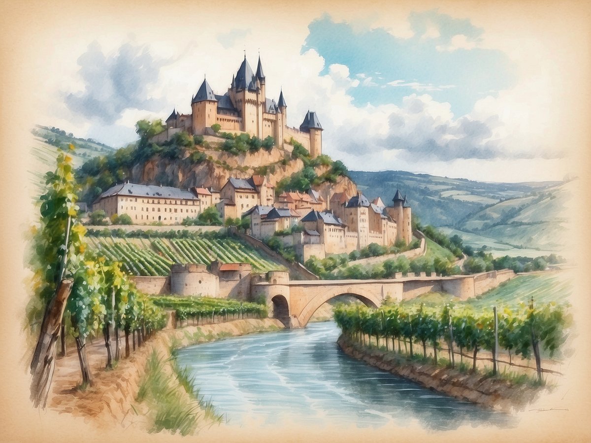 Ein malerisches Schloss steht auf einem Hügel, umgeben von sanften Weinbergen in Rheinland-Pfalz. Im Vordergrund fließt ein ruhiger Fluss, und eine Brücke verbindet das Schloss mit dem Ufer. Der Himmel ist leicht bewölkt, und die Landschaft präsentiert sich in satten grünen und braunen Tönen. Die Architektur des Schlosses zeigt spitze Türme und eine imposante Fassade, die den historischen Charme der Region widerspiegelt.