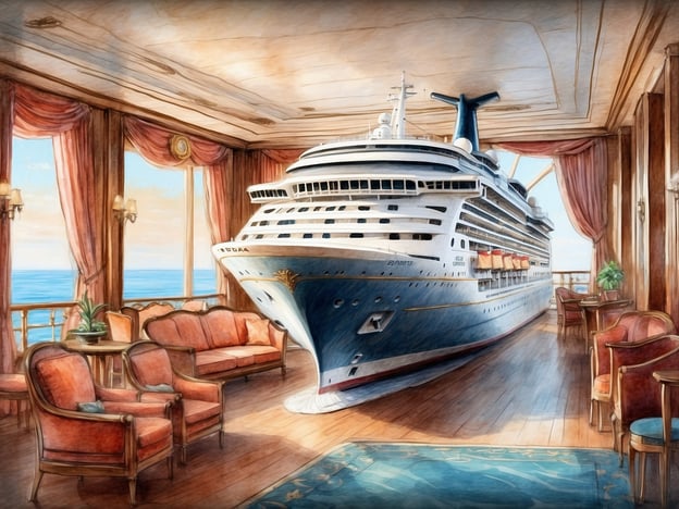 Auf dem Bild ist ein Kreuzfahrtschiff zu sehen, das sich scheinbar in einem eleganten Raum befindet. Die Inneneinrichtung ist luxuriös, mit bequemen Sesseln und Tafeln. Das Schiff, ähnlich wie die Mein Schiff 1, hat auch ein stilvolles Design, das typisch für Kreuzfahrtschiffe ist. Der Raum hat große Fenster, die einen Blick auf das Meer ermöglichen, und die Kombination aus Holz und weichen Farben vermittelt eine gemütliche Atmosphäre. Diese Darstellung könnte eine fantasievolle Interpretation davon sein, was es bedeutet, auf einem Kreuzfahrtschiff zu reisen, während man die Annehmlichkeiten und den Komfort eines hochwertigen Innenraums genießt.