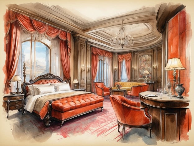 Auf dem Bild ist ein elegantes Schlafzimmer zu sehen, das durch seine opulente Einrichtung und warme Farbgebung besticht. Das große Bett mit einem gepolsterten Kopfteil und luxuriöser Bettwäsche lädt zum Entspannen ein. 

Besonders hervorzuheben sind die Annehmlichkeiten und der Service, die man in solch einem Ambiente erwarten könnte. Dazu gehören:

- **Komfortable Möbel**: Die stilvollen Stühle und das Sofa bieten ausreichend Sitzmöglichkeiten für Gäste.
- **Beleuchtung**: Die sanfte Beleuchtung durch Tischlampen und den Kronleuchter schafft eine gemütliche Atmosphäre.
- **Schöne Aussicht**: Die großen Fenster lassen Tageslicht herein und bieten einen Ausblick auf eine malerische Umgebung.
- **Erfrischungen**: Ein kleiner Tisch mit Gläsern könnte auf einen Zimmerservice hinweisen, der Getränke oder kleine Snacks anbietet.
- **Ästhetik**: Die sorgfältige Dekoration und die hochwertigen Materialien tragen zu einem Gefühl von Luxus und Exklusivität bei. 

Insgesamt vermittelt der Raum ein Gefühl von Komfort und Eleganz, ideal für eine erholsame Auszeit.