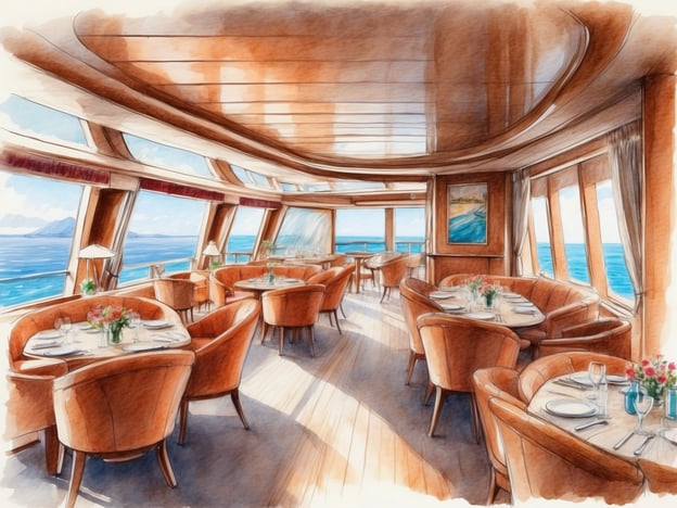 Auf dem Bild ist ein elegantes Restaurant auf einem Kreuzfahrtschiff zu sehen, das an das Design von Mein Schiff 3 erinnert. Die gemütlichen, braunen Sessel und die liebevoll gedeckten Tische laden dazu ein, ein köstliches Dinner mit Blick auf das Meer zu genießen. Große Fenster ermöglichen einen Panoramablick auf die Küstenlandschaften und die Weite des Wassers, was das Ambiente des Essens zu einem unvergesslichen Erlebnis macht. Die helle, einladende Atmosphäre spiegelt den hohen Komfort und die Gastfreundschaft wider, die Gäste auf einem Mein Schiff erwarten können.