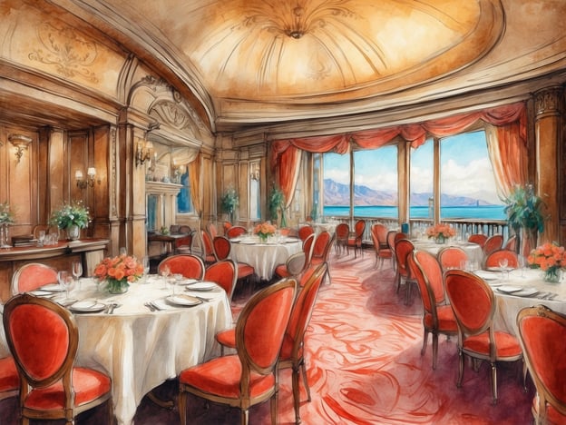 Auf dem Bild ist ein elegantes Restaurant zu sehen, das an Bord von Mein Schiff 3 erinnert. Der Raum ist geschmackvoll eingerichtet mit runden Tischen, roten Stühlen und einem üppigen Teppich. Große Fenster bieten einen Blick auf das Wasser und die umliegende Landschaft, und die Wände sind liebevoll gestaltet mit stilvollen Dekorationen. Blumenarrangements auf den Tischen und eine gemütliche Beleuchtung schaffen eine einladende Atmosphäre, ideal für ein ausgezeichnetes Speiseerlebnis auf dem Schiff.