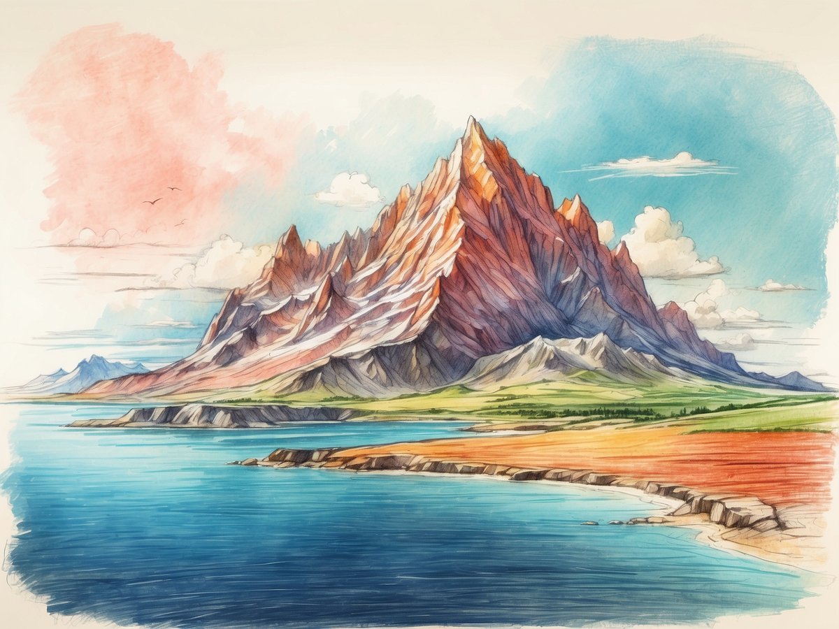 Eine majestätische Berglandschaft mit schroffen, rot gefärbten Gipfeln erhebt sich über das ruhige, blaue Wasser eines Fjords. Im Vordergrund erstreckt sich eine grüne Wiese, die mit orangen und rottönen des Bodens kontrastiert. Über den Bergen sind einige weiße Wolken am strahlend blauen Himmel verteilt, während im Hintergrund weitere Berge angedeutet sind. Das Bild vermittelt eine friedliche und malerische Stimmung in einer vulkanischen Region, die charakteristisch für Island ist.