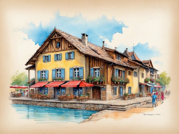 Auf dem Bild ist eine malerische Ansicht eines Gebäudes am Wasser zu sehen, das an ein traditionsreiches Gasthaus oder ein Restaurant erinnert. Solche Orte sind typisch für viele Regionen, besonders in der Schweiz oder in anderen europäischen Ländern, wo die regionale Kulinarik stark mit der Umgebung verbunden ist.

Die roten Sonnenschirme und die einladenden Tische deuten darauf hin, dass hier Gäste Platz nehmen können, um die lokale Küche zu genießen. Typische Gerichte könnten Fondue oder Rösti sein, je nach Region. Die Architektur spiegelt oft eine historische Bauweise wider, mit natürlichen Materialien wie Holz und Stein, was die enge Verbindung zur Natur und zur Tradition betont.

Zudem könnte die Umgebung für regionalen Lebensstil stehen, mit Spaziergängern, die die Atmosphäre genießen, was das soziale und kulturelle Leben in solchen pittoresken Orten verdeutlicht.