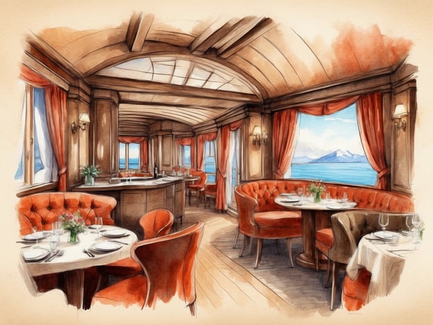 Auf dem Bild ist ein elegantes Restaurant zu sehen, das mit stilvollen orangen Ledersesseln und Tischen ausgestattet ist. Die großen Fenster bieten einen Blick auf das Wasser und die Berge im Hintergrund. Der Raum ist gemütlich und einladend, mit geschmackvoller Dekoration, darunter Blumenarrangements auf den Tischen und warme Lichtquellen. Diese Annehmlichkeiten schaffen eine angenehme Atmosphäre für ein feines Essen mit wunderschöner Aussicht.