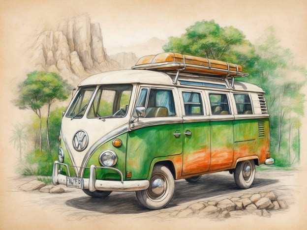 Auf dem Bild ist ein nostalgischer VW-Bus zu sehen, der oft mit Abenteuer und Reisen in Verbindung gebracht wird. Seine umweltfreundlichen Eigenschaften, wie die Möglichkeit der Nutzung alternativer Kraftstoffe oder die Förderung des Campings in der Natur, spiegeln Nachhaltigkeitswerte wider. Der Bus ist von einer natürlichen Umgebung umgeben, die die Schönheit der Natur betont und dazu anregt, umweltbewusst zu reisen und die Natur zu respektieren. Solche Fahrzeuge können symbolisch für den Wunsch stehen, sanftere Mobilitätslösungen zu nutzen und den ökologischen Fußabdruck zu minimieren.