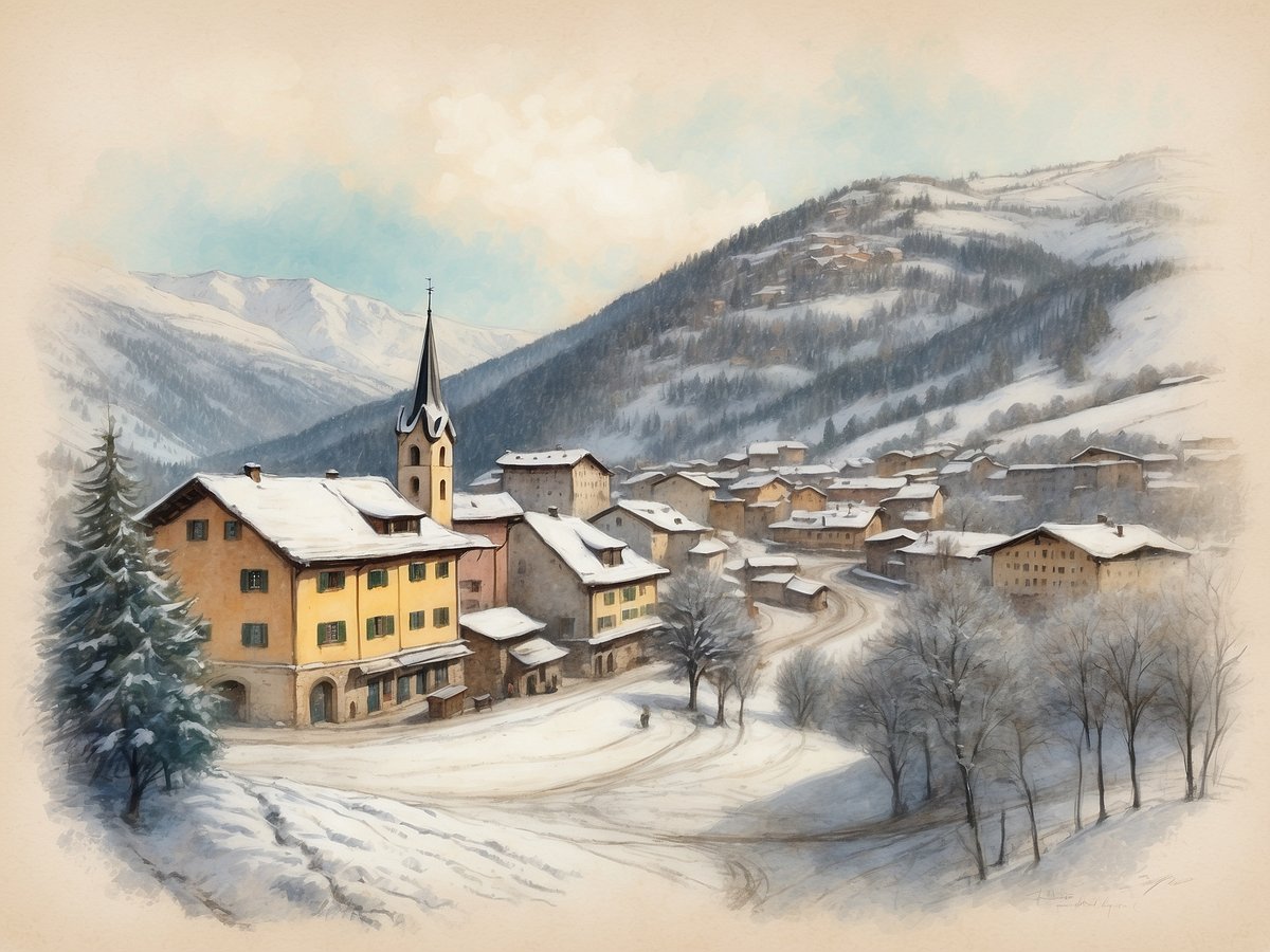 Eine winterliche Landschaft mit einem kleinen Dorf, das von schneebedeckten Bergen umgeben ist. Im Vordergrund sind einige verschneite Bäume zu sehen, während im Hintergrund ein Kirchturm das Panorama dominiert. Die Gebäude sind im traditionellen Stil gehalten und haben eine gelbe Fassade. Die Straße im Dorf schlängelt sich sanft durch die verschneite Szenerie, und leicht bewölkter Himmel verleiht der Szene eine ruhige Atmosphäre. Die Weihnachtsferien in Baden-Württemberg 2024 beginnen am 23. Dezember und enden am 6. Januar.