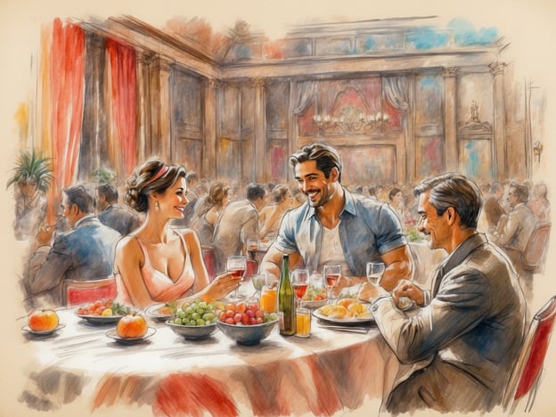 Auf dem Bild sieht man eine elegante Restaurant-Szene, die in einem stilvollen Saal stattfindet. Es gibt eine fröhliche Atmosphäre, in der Menschen bei einem edlen Festmahl zusammenkommen. Am Tisch sitzen drei Personen: eine Frau, die strahlend lächelt, und zwei Männer, die ebenfalls am Gespräch beteiligt sind. 

Der Tisch ist reich gedeckt mit einer Auswahl an Speisen, darunter frisches Obst und verschiedene Getränke. Der Hintergrund zeigt viele weitere Gäste, die ebenfalls das Essen und die Unterhaltung genießen. Die gesamte Szenerie strahlt Geselligkeit und Freude aus, was auf ein festliches Ereignis hindeutet.