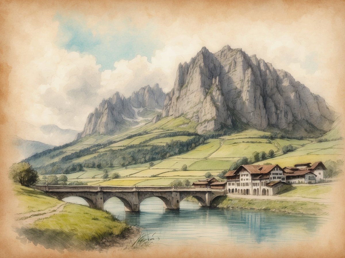 Eine malerische Landschaft mit hohen Bergen im Hintergrund und einer ruhigen Wasserfläche im Vordergrund. Eine Steinbrücke führt über das Wasser, während daran ein malerisches, traditionelles Gebäude mit Holzverkleidung steht. Die sanften Hügel und Wiesen sind in verschiedenen Grüntönen gehalten, und der Himmel ist mit sanften Wolken durchzogen. Die gesamte Szenerie vermittelt eine friedliche, ländliche Atmosphäre. Wann sind die Pfingstferien in Baden-Württemberg 2024?