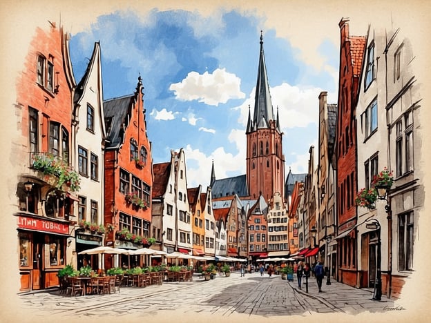 Auf dem Bild ist eine malerische Straße mit historischen Häusern zu sehen, die wahrscheinlich zu einer beliebten Stadt in Norddeutschland gehört. Möglicherweise handelt es sich um Lübeck, mit ihren typischen Backsteingebäuden und dem hohen Kirchturm, der an die St. Mary’s Kirche erinnert. Alternativ könnte es auch eine Szene aus Lüneburg oder Bremen sein, da diese Städte ebenfalls für ihre schönen Altstädte bekannt sind. Die Atmosphäre ist einladend, mit Cafés und Blumen, die zum Verweilen einladen.