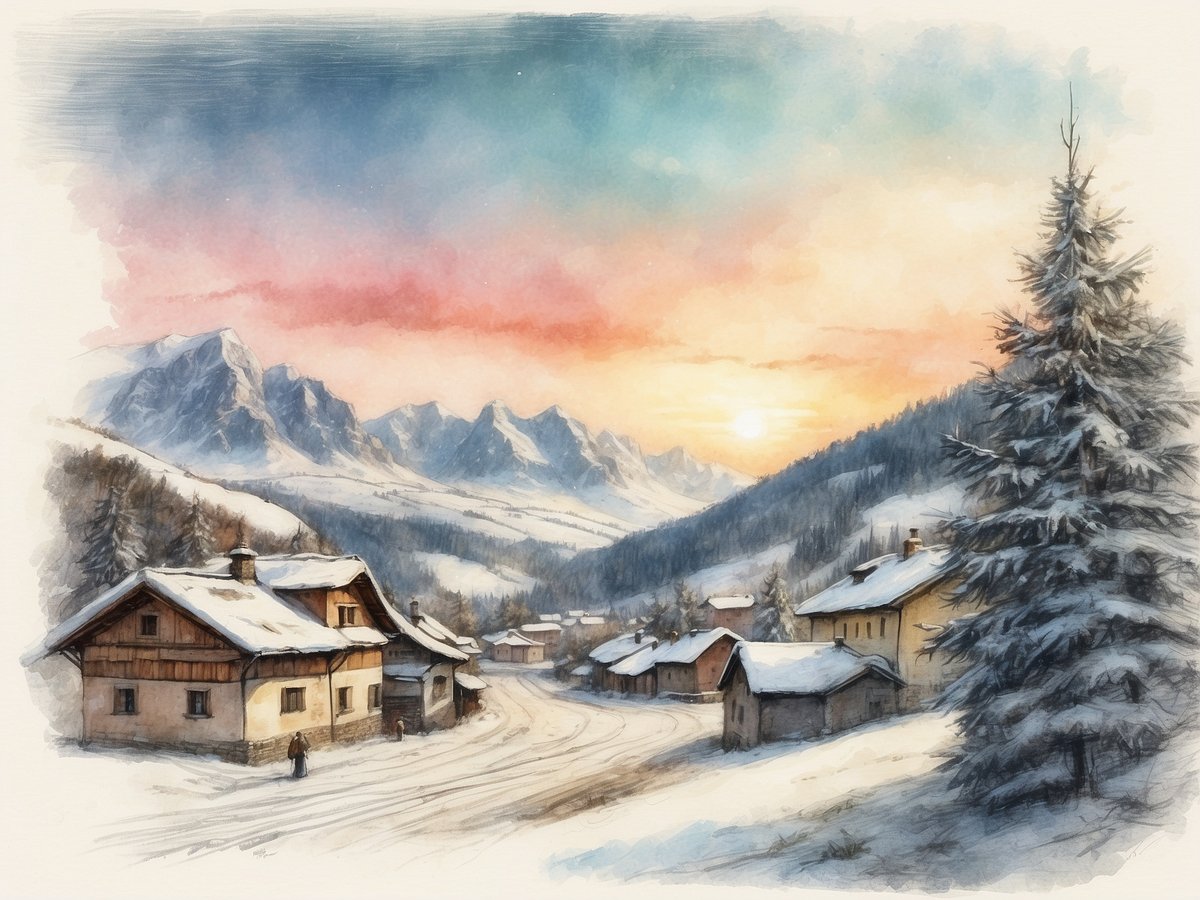 Eine winterliche Landschaft mit schneebedeckten Häusern und einem sanft geschwungenen Weg. Im Hintergrund erheben sich majestätische Berge unter einem bunten Himmel bei Sonnenuntergang. Zwei schneebedeckte Tannen stehen in der Nähe der Straße, während ein Mensch in der Ferne zu sehen ist. Die gesamte Szene vermittelt eine ruhige und friedliche Atmosphäre inmitten der winterlichen Natur. Wann sind die Weihnachtsferien in Baden-Württemberg 2025?