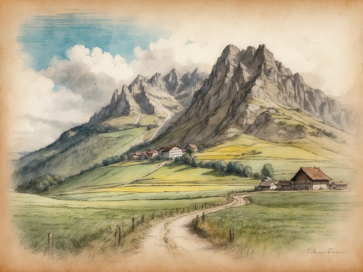 Eine malerische Landschaft mit sanften Hügeln und markanten Bergen im Hintergrund ist zu sehen. Im Vordergrund führt ein schmaler Weg durch grüne Wiesen, umgeben von einem Zaun. Auf einem Hügel stehen einige Bauernhäuser und ein größeres Gebäude, das wie ein Hotel oder eine Pension aussieht. Der Himmel ist blau mit einigen weißen Wolken, und das Licht gibt der Szenerie eine friedliche Atmosphäre. Diese idyllische Landschaft vermittelt einen Eindruck von ländlicher Ruhe und Schönheit. Wann sind die Pfingstferien in Baden-Württemberg 2025?