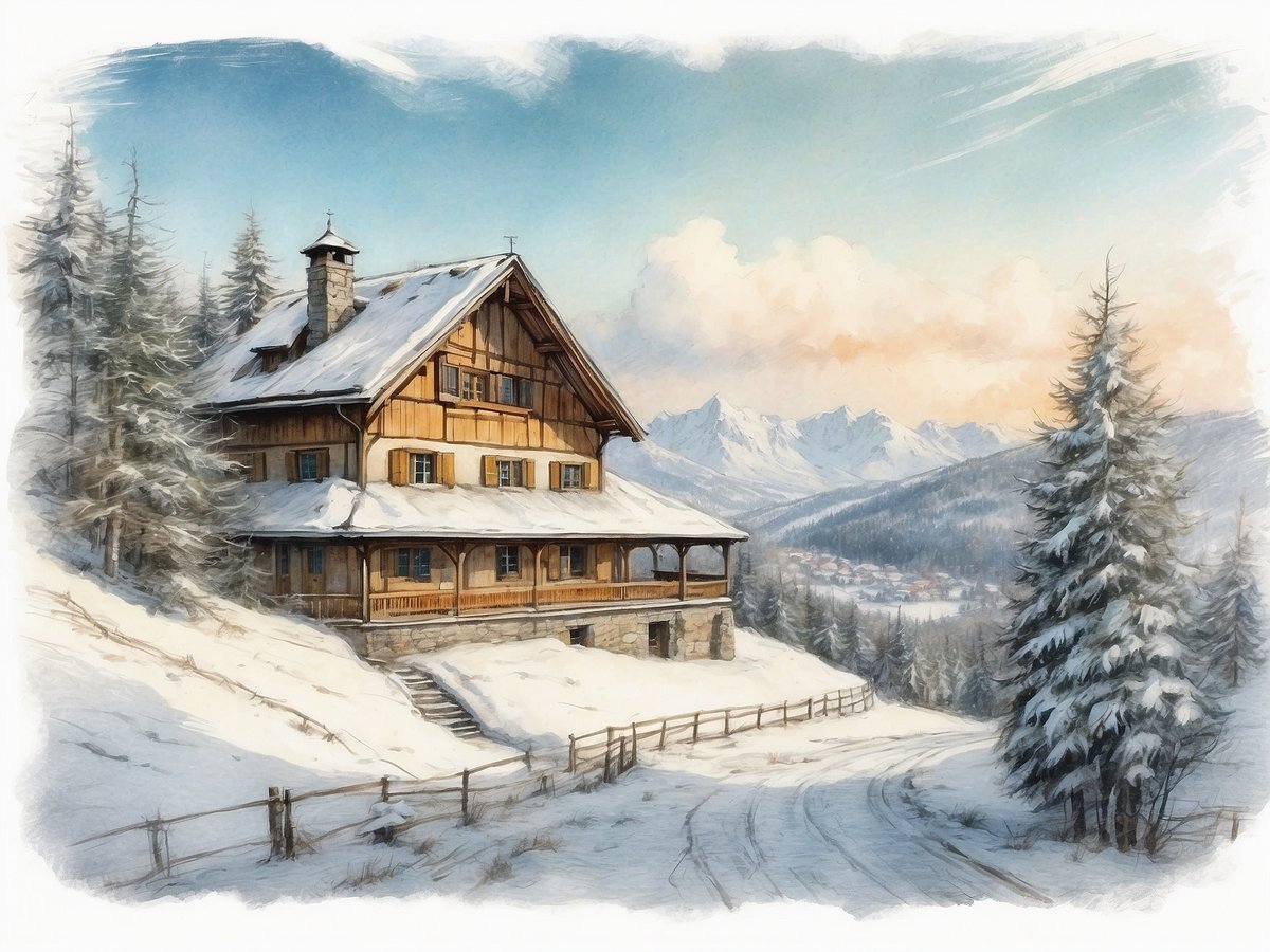 Eine malerische Winterlandschaft mit einem großen Holzhaus, das von schneebedeckten Bäumen umgeben ist. Die Fassade des Hauses ist aus Holz mit Balkon und Fensterläden. Es liegt auf einem Hang, während im Hintergrund schneebedeckte Berge zu sehen sind. Der Himmel ist blau mit zarten Wolken, wobei die Szene in weiches Licht getaucht ist. Der Weg zum Haus ist ebenfalls schneebedeckt und von einem Holzzaun gesäumt. Die Winterferien in Baden-Württemberg 2025 finden vom 24. Februar bis 10. März statt.