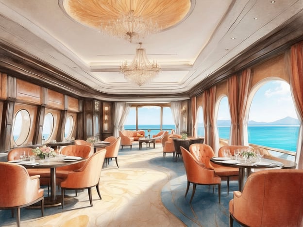 Auf dem Bild ist ein elegantes Restaurant auf einem Schiff zu sehen, das durch große Fenster einen herrlichen Blick auf das Meer und die umliegenden Inseln bietet. Die warmen Farben und das stilvolle Mobiliar schaffen eine gemütliche, aber luxuriöse Atmosphäre. 

Die Gäste könnten hier ein köstliches Abendessen genießen, während sie sanfte Meeresbrisen und das Plätschern der Wellen hören. Vielleicht erinnert man sich an die besonderen Anlässe, die man in solch einem Ambiente gefeiert hat, oder an die erlesenen Weine und Delikatessen, die serviert wurden. Gespräche mit Freunden und Familie werden durch den atemberaubenden Ausblick und die exklusive Atmosphäre unvergesslich. Ein Ort, an dem die Zeit stillzustehen scheint und man sich einfach entspannen und genießen kann.