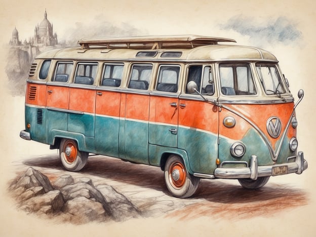 Auf dem Bild ist ein farbenfroher Volkswagen-Bus zu sehen, der oft mit Reisen und Abenteuern in Verbindung gebracht wird. Er könnte ideal für Landausflüge oder Roadtrips zu verschiedenen Sehenswürdigkeiten verwendet werden. 

Stellen Sie sich vor, wie dieser Bus durch malerische Landschaften rollt, vorbei an historischen Städten, bedeutenden Sehenswürdigkeiten oder Nationalparks. Beliebte Ziele könnten beispielsweise Schlösser wie Neuschwanstein, die Küsten von Biskaya oder charmante Dörfer in den Alpen sein. Der Bus lädt zu Erkundungstouren ein, um die lokale Kultur, Kunst und Natur hautnah zu erleben.