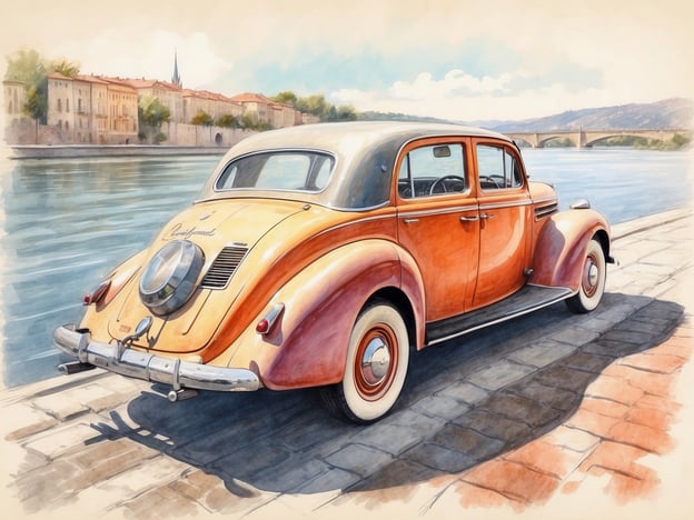 Auf dem Bild ist ein klassisches Auto in einer warmen orange- und beigefarbenen Farbgebung zu sehen, das an einem schmalen Weg entlang eines Gewässers parkt. Im Hintergrund sind historische Gebäude und eine Brücke zu erkennen, die der Szenerie einen malerischen Charme verleihen. 

Erlebe unvergessliche Stopps entlang der Donau, während du solche beeindruckenden Ausblicke und nostalgischen Fahrzeuge bewunderst!