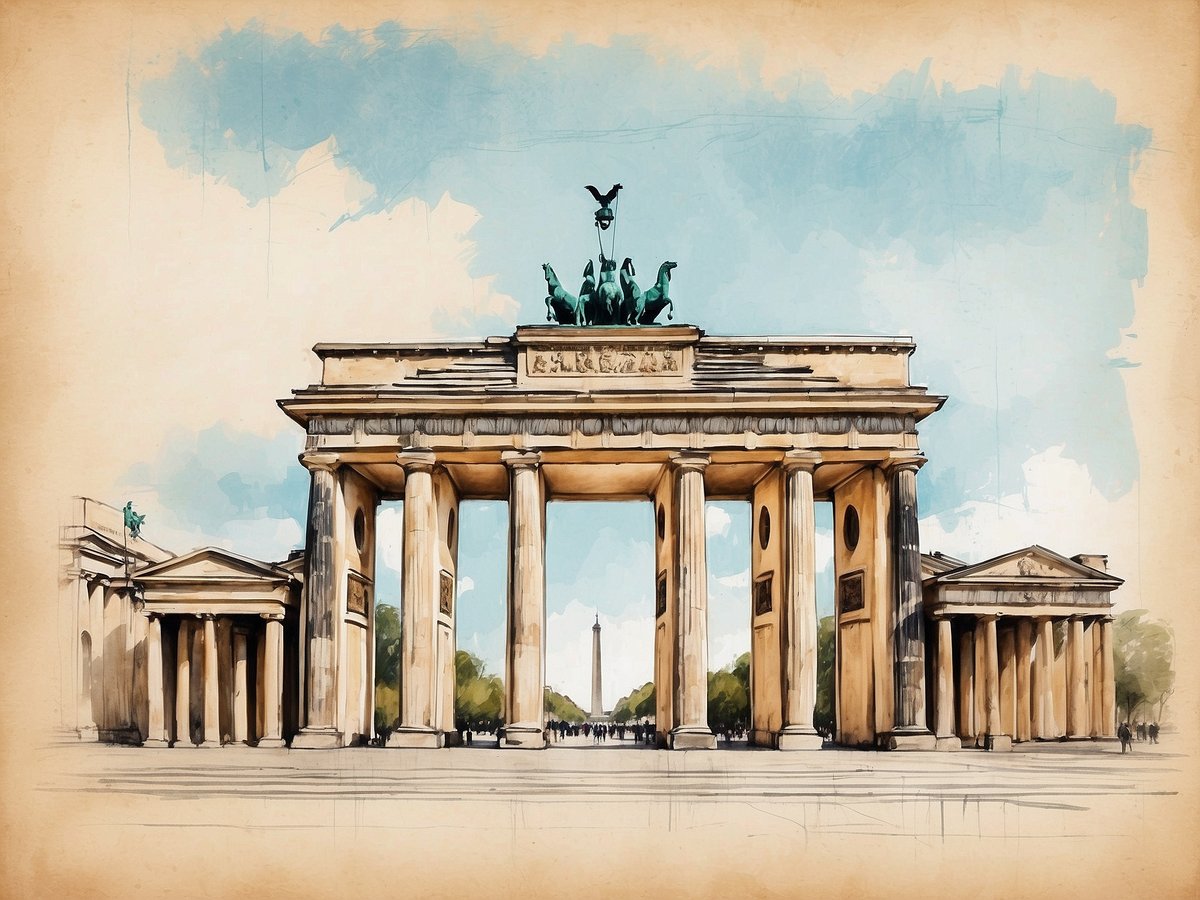 Das Brandenburger Tor in Berlin ist ein beeindruckendes klassizistisches Bauwerk, das von sechs Säulen flankiert wird und eine zentrale Durchfahrt bietet. Auf der Spitze des Tores befindet sich eine quadriga, eine von vier Pferden gezogene Statue. Im Hintergrund sind Bäume und eine Allee sichtbar, die die monumentale Gestaltung des Tors umrahmen. Der Himmel zeigt sich in sanften Blautönen, was der Szene eine zusätzliche Dramatik verleiht. Dieses Wahrzeichen symbolisiert die Geschichte Berlins und ist ein Muss für jeden Besucher der Stadt.