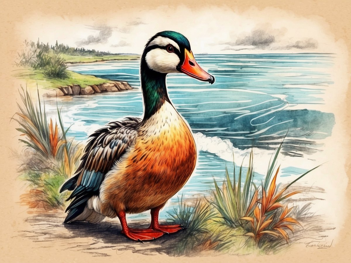 Eine Entenfigur steht am Ufer eines Gewässers in Eiderstedt. Die Ente hat ein bunt gefärbtes Gefieder mit einem grünen Kopf, orangefarbenem Schnabel und einem runden, vollen Körper. Um sie herum sind leicht bewachsene Pflanzen und das Wasser spiegelt die sanften Wellen wider. Im Hintergrund sind sanfte Hügel und ein klarer Himmel zu sehen, was eine friedliche und natürliche Atmosphäre vermittelt.