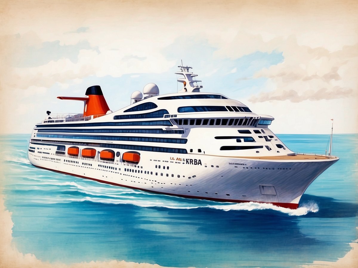Ein großes, modernes Kreuzfahrtschiff fährt majestätisch durch das blaue Wasser. Das Schiff hat mehrere Decks und große Fenster, die einen Blick auf das Innere ermöglichen. Es hat einen markanten roten Schornstein und orangefarbene Lifeboats, die sich an der Seite befinden. Im Hintergrund sind sanfte Wolken am Himmel zu sehen, die eine entspannte maritime Atmosphäre schaffen. Die gesamte Szene vermittelt ein Gefühl von Abenteuer und Luxus auf dem Wasser.