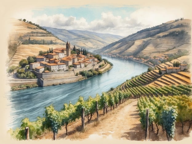 Auf dem Bild ist eine wunderschöne Landschaft entlang des Douro-Flusses zu sehen. Die Szenerie zeigt sanfte Hügellandschaften mit Weinbergen und terrassierten Feldern. Am Ufer des Flusses liegt eine malerische Siedlung mit weißen Häusern und roten Dächern, umgeben von grünen Bäumen. Der Douro-Fluss schlängelt sich durch die Landschaft und bietet einen beeindruckenden Anblick der umliegenden Hügel und Weinberge. Diese Region ist bekannt für ihren Weinanbau, insbesondere Portwein, und lädt zu Erkundungen und genussvollen Entdeckungsreisen ein.