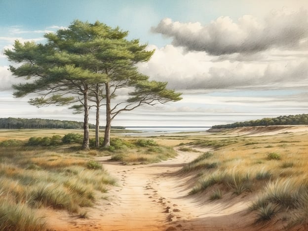 Auf dem Bild ist eine idyllische Landschaft zu sehen, die die Schönheit der Noordduinen widerspiegelt. Die Szene zeigt sanfte Hügel, die mit grünem Gras und Sträuchern bewachsen sind. Im Vordergrund führt ein Sandweg durch die Dünen, der von Fußabdrücken gesäumt ist. Zwei markante Bäume stehen elegant in der Mitte und bieten Schatten. Im Hintergrund erstreckt sich der Blick auf das Wasser, während der Himmel mit sanften, grauen Wolken versehen ist. Diese harmonische Komposition lädt dazu ein, die natürliche Schönheit und Ruhe der Umgebung zu entdecken.