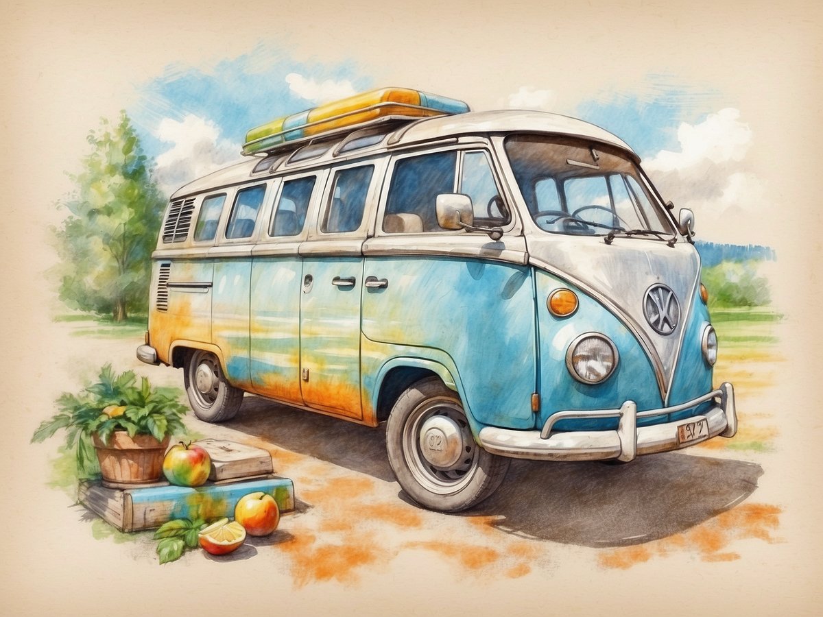 Ein nostalgischer Volkswagen-Bus steht auf einer ländlichen Straße, umgeben von einer grünen Landschaft. Der Bus hat eine blau-orangefarbene Lackierung und ist mit einem Gepäckträger auf dem Dach ausgestattet. Neben dem Bus befinden sich verschiedene Objekte wie Äpfel, eine Zitrone und ein Topf mit einer Pflanze, die auf einer Holzbox platziert sind. Die Szene strahlt ein Gefühl von Sommerausflügen und Abenteuer aus.