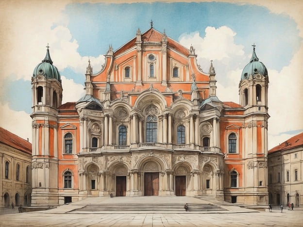 Auf dem Bild ist eine beeindruckende barocke Kirchenarchitektur zu sehen, die durch ihre opulente Fassade besticht. Die mehrstöckigen Türme mit Kuppeln und die reich verzierte Eingangstreppe verleihen dem Gebäude eine majestätische Ausstrahlung. 

Die Verwendung von leuchtenden Farben, insbesondere in den roten und weißen Tönen, sowie die kunstvollen Details an Fenstern und Säulen zeugen von der Kunstfertigkeit der Zeit. Die symmetrische Anordnung der Elemente schafft eine harmonische Gesamtkomposition, die sowohl fromm als auch einladend wirkt. Darüber hinaus ist der Himmel im Hintergrund hell und freundlich, was die Szenerie zusätzlich erhellt. 

Insgesamt vermittelt das Bild ein Gefühl von Größe und Kunstfertigkeit, das charakteristisch für die barocke Architektur ist.