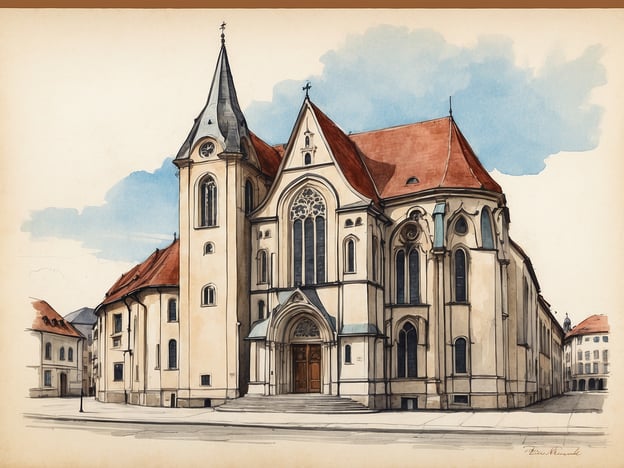 Auf dem Bild ist eine beeindruckende Kirche zu sehen, die durch ihren architektonischen Stil und die farbige Ausgestaltung auffällt. 

**Besondere Merkmale:**
- Die Kirche besitzt einen hohen, spitzen Turm, der sich eindeutig vom Gebäude abhebt.
- Der Eingangsbereich ist mit großen Bögen und einem geschmackvollen Portal gestaltet.
- Die Fenster sind mit fein gearbeiteten Buntglasfenstern, die eine schöne Lichtdurchlässigkeit versprechen.
- Das Dach ist rot und mit verschiedenen Höhen, was der Kirche einen charakteristischen Look verleiht.

**Besichtigung:**
Die Darstellung der Kirche lädt dazu ein, sich Gedanke über ihre Geschichte und kulturelle Bedeutung zu machen. Die umliegenden Gebäude und Straßen scheinen die Kirche in einem städtischen Kontext zu platzieren, was einen reizvollen Blick auf den Kontrast zwischen der historischen Architektur und der modernen Umgebung bietet. Ein Besuch könnte sich besonders lohnen, um die Details der Baukunst und die Atmosphäre des Ortes zu erleben.