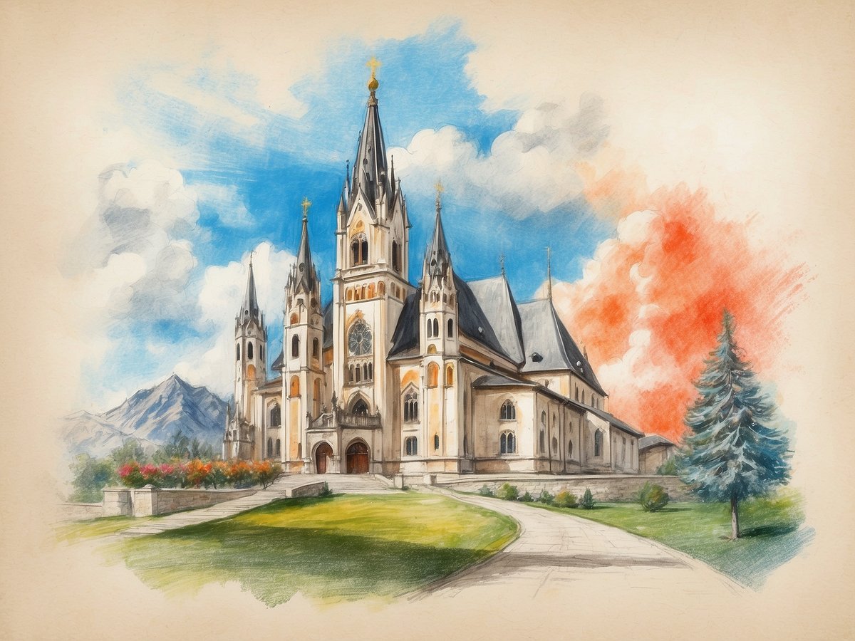 Eine beeindruckende Kirche mit vielen Türmen und einem großen, geschmückten Portal ist in einem malerischen Landschaftssetting zu sehen. Im Hintergrund erheben sich majestätische Berge unter einem klaren blauen Himmel mit wenigen Wolken. Vor der Kirche liegt eine gepflegte Grünfläche, umgeben von bunten Blumenbeeten. Ein einzelner, großer Nadelbaum steht rechts im Bild, was dem Landschaftsbild zusätzliche Tiefe verleiht. Die gesamte Darstellung vermittelt eine friedliche und einladende Atmosphäre.