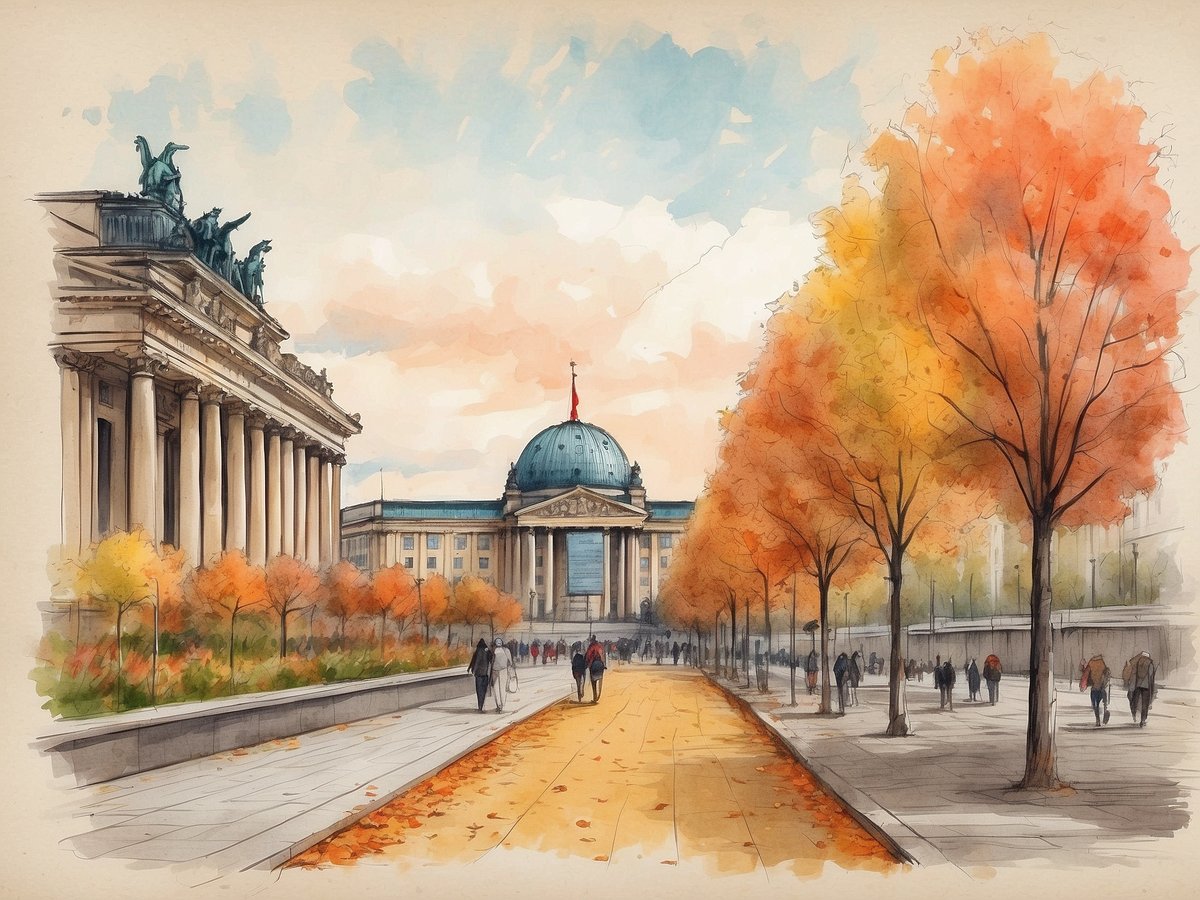 Eine malerische Straße in Berlin im Herbst, flankiert von Bäumen mit bunten Blättern in Gelb, Orange und Rot. Auf der linken Seite steht das Brandenburger Tor, mit beeindruckenden Säulen und einer Statue oben drauf. Im Hintergrund sieht man das Deutsche Nationaltheater mit einer charakteristischen Kuppel und einer Flagge auf dem Dach. Menschen gehen entlang der gepflasterten Straße und genießen die herbstliche Atmosphäre. Der Himmel ist sanft gefärbt in Pastelltönen. Wann sind die Herbstferien in Berlin 2024?