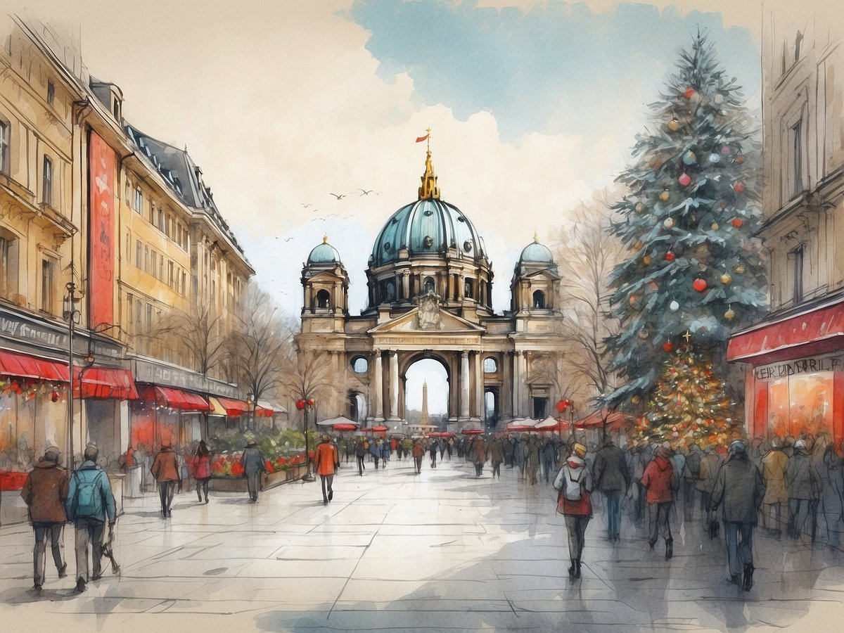 Eine winterliche Straßenszene in Berlin, die von einem prächtigen Weihnachtsbaum geschmückt wird. Im Vordergrund schlendern viele Menschen vorbei, einige in warmer Kleidung. Auf der linken Seite sind geschmückte Stände und Cafés mit roten Markisen zu sehen. Im Hintergrund thront eine beeindruckende Kirche mit einer auffälligen Kuppel und mehreren Türmen. Der Himmel ist hell und klar. Wann sind die Weihnachtsferien in Berlin 2024?