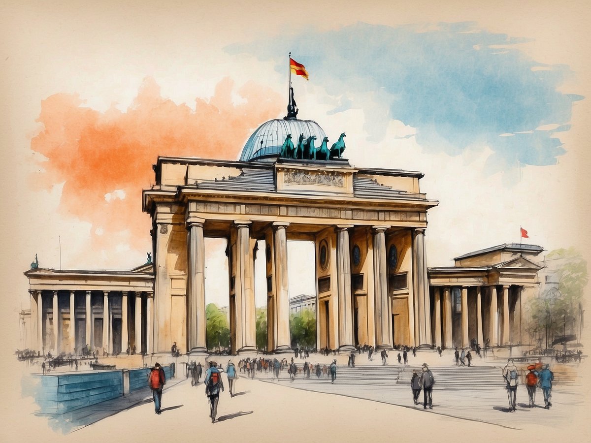 Das Bild zeigt das Brandenburger Tor in Berlin, umgeben von einer lebhaften Szene mit Spaziergängern. Der Himmel ist in sanften Farben gehalten, wobei orange und blau dominieren. Das Tor ist in klassizistischem Stil erbaut und hat eine Statue auf dem Dach. Im Hintergrund sind weitere historische Gebäude zu sehen, die zur architektonischen Schönheit der Stadt beitragen. Pfingstferien in Berlin 2024 sind vom 18. bis 21. Mai.