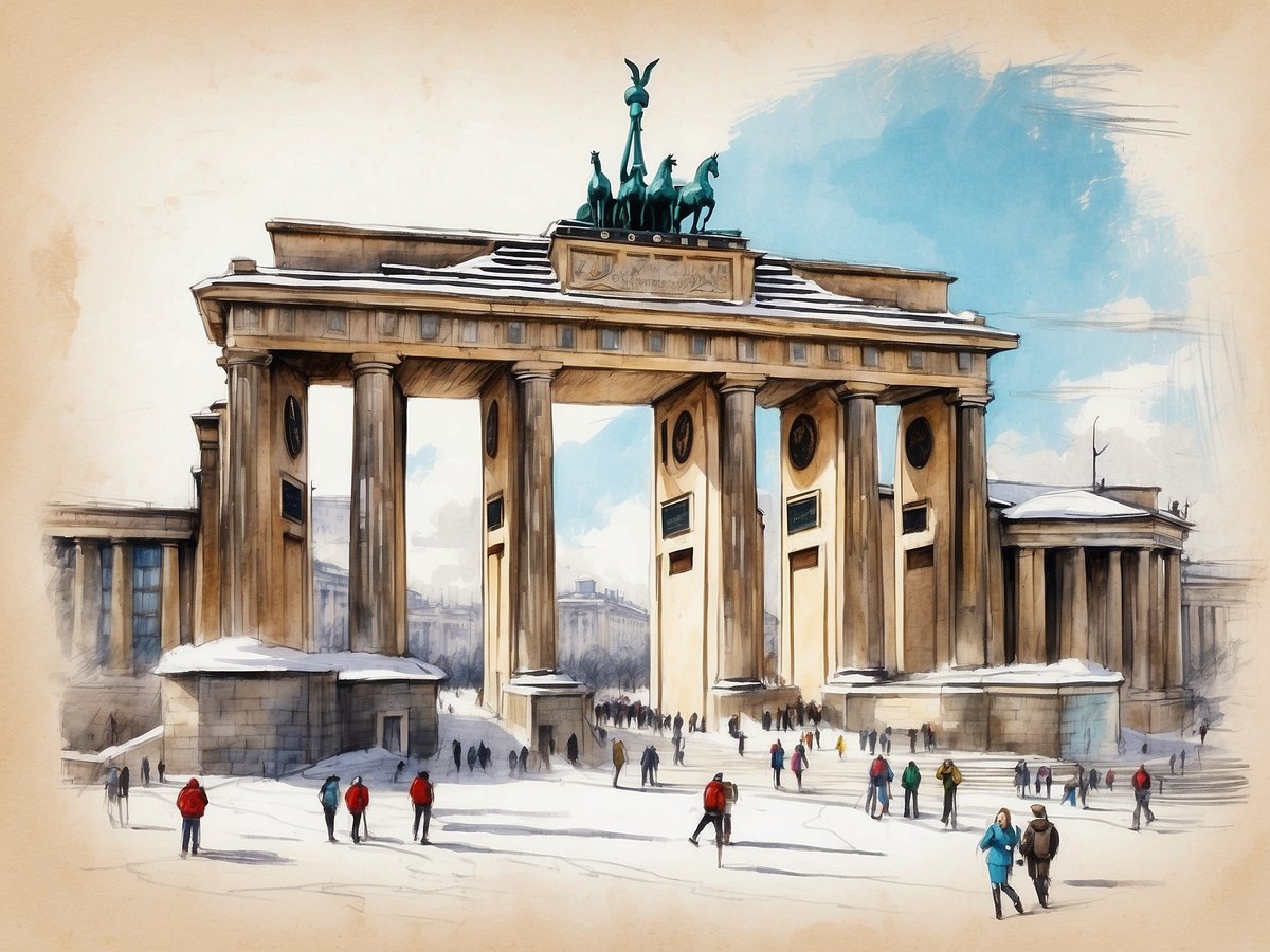 Das Bild zeigt das Brandenburger Tor in Berlin, umgeben von einem winterlichen Schneelandschaft. Die Säulen des Tores sind deutlich sichtbar, und es ist eine kleine Schicht Schnee auf dem Dach und dem Boden zu sehen. Verschiedene Personen in warmer Kleidung spazieren um das Tor herum, während eine klare, bläuliche Himmelshintergrund den Wintertag erhellt. Diese Szene vermittelt ein Gefühl von winterlicher Ruhe und festlicher Stimmung, ideal für die Jahreszeit. Wann sind die Winterferien in Berlin 2024.