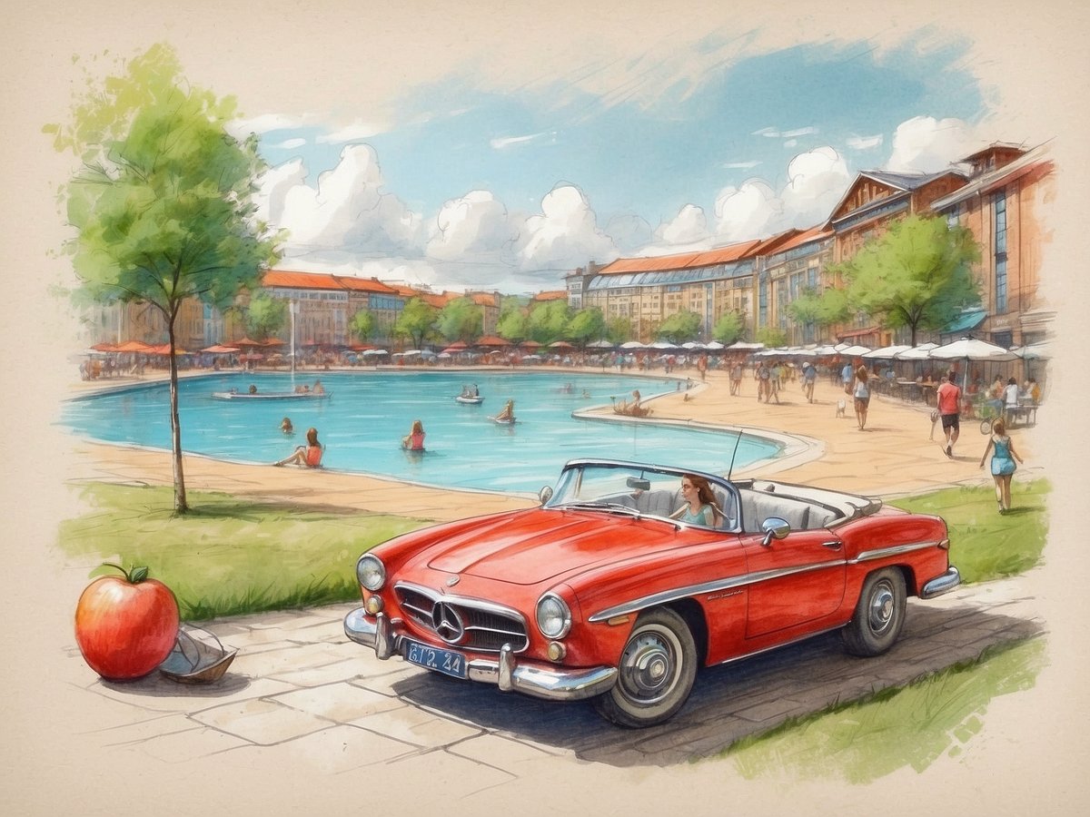 Auf dem Bild ist ein roter Oldtimer zu sehen, der an einem Ufer mit einem blauen Wasserbecken parkt. Im Hintergrund gibt es eine rötliche Gebäudezeile, die von Bäumen und Sonnenschirmen umgeben ist. Menschen genießen den sonnigen Tag am Wasser, einige liegen am Ufer, während andere im Wasser schwimmen oder spazieren gehen. Auf der linken Seite befindet sich ein großes, rotes Apfelobjekt und ein Hut. Die Szene strahlt eine entspannte Sommeratmosphäre aus. Wann sind die Sommerferien in Bremen 2024?