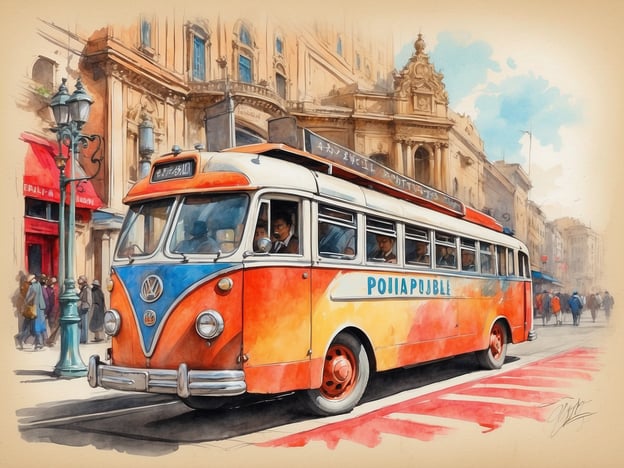 Auf dem Bild ist ein farbenfroher, historischer Volkswagen-Bus zu sehen, der durch eine lebhafte Stadtstraße fährt. Im Hintergrund erkennt man elegante Gebäude und Passanten, die die Straße beleben. Diese Szenerie spiegelt die kulturelle Vielfalt von Porto wider, wo Tradition und Modernität aufeinandertreffen. Besonders die Architektur und die Menschen contribuiert zur einzigartigen Atmosphäre der Stadt.