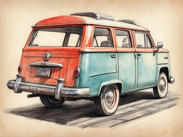 Auf dem Bild ist ein old-school Kombi zu sehen, der in lebhaften Farben gestaltet ist, mit einer rot-blauen Karosserie. Bei der Planung des Roadtrips könnte dieser Wagen ideal sein, da er Platz für Gepäck und Mitreisende bietet. Zudem vermittelt er nostalgisches Flair, das viele schöne Erinnerungen an Straßenabenteuer weckt. Man könnte die Route durch malerische Landschaften planen und interessante Haltepunkte festlegen, um das Fahrerlebnis zu genießen.