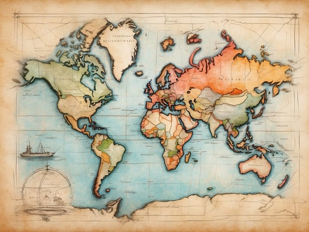 Auf dem Bild ist eine historische Weltkarte zu sehen. Die Karte zeigt verschiedene Kontinente und Länder in unterschiedlichen Farben. Die Route planen könnte hier bedeuten, eine Reise oder Route durch die verschiedenen Regionen der Welt zu planen. Hinzu kommen maritime Elemente wie ein Schiff und eine nautische Darstellung am unteren Rand, was auf die Bedeutung der Seereisen und Entdeckungen hinweist.